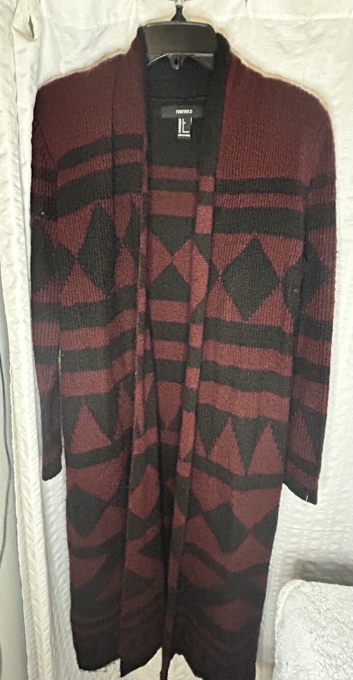 Forever 21 Cranberry Black Long Open Sweater Coat Cardigan Geometric Small